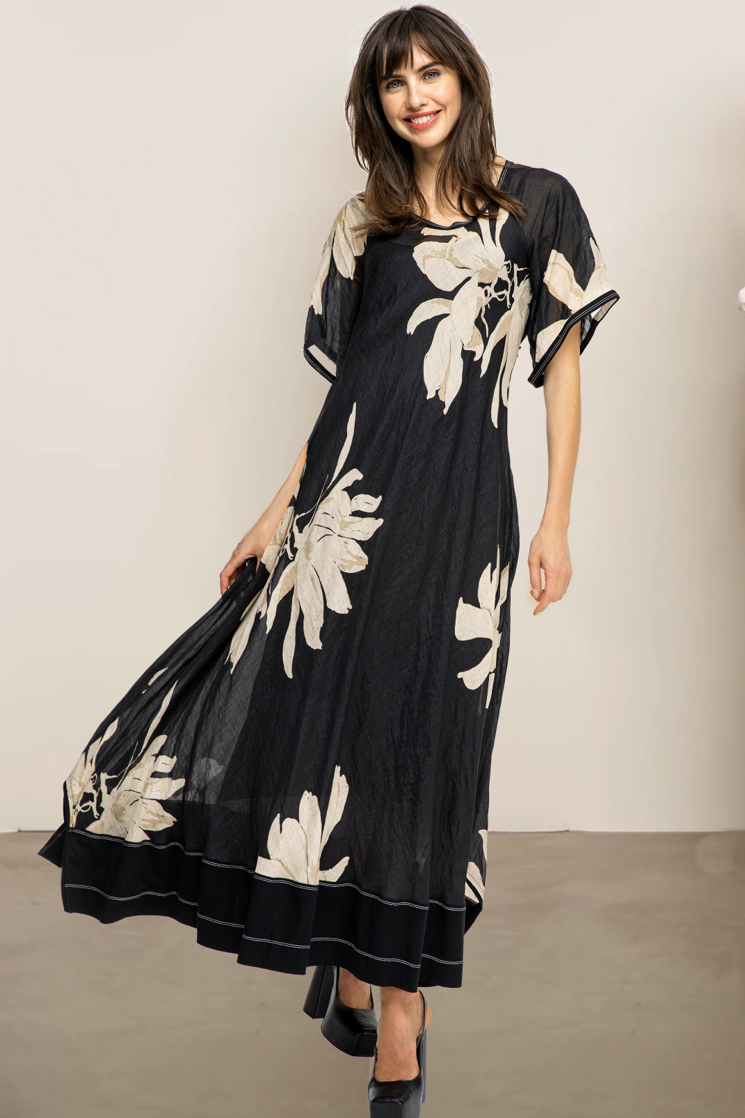 beate maxi dress BEATE HEYMANN DRESS MAXI BIAS CUT FLORAL TRAPEZE JERSEY TRIM 123-4