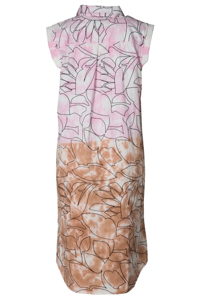 NU DENMARK OLEA SHIRT DRESS, is made of pure cotton fabric, which means it is both comfortable and breathable to wear. It has a beautiful print which is hand tie-dyed, with fine embroidery on top of the print to gives the dress an exclusive look. The dress is sleeveless and full buttoned and easy to put on. Style it with a pair of sandals or trainers to create a casual and relaxed look.  REFERENCE: 7547-23  COMPOSITION: 100% cotton  CARE: Washing instructions: Machine wash 40 degrees, wash inside out