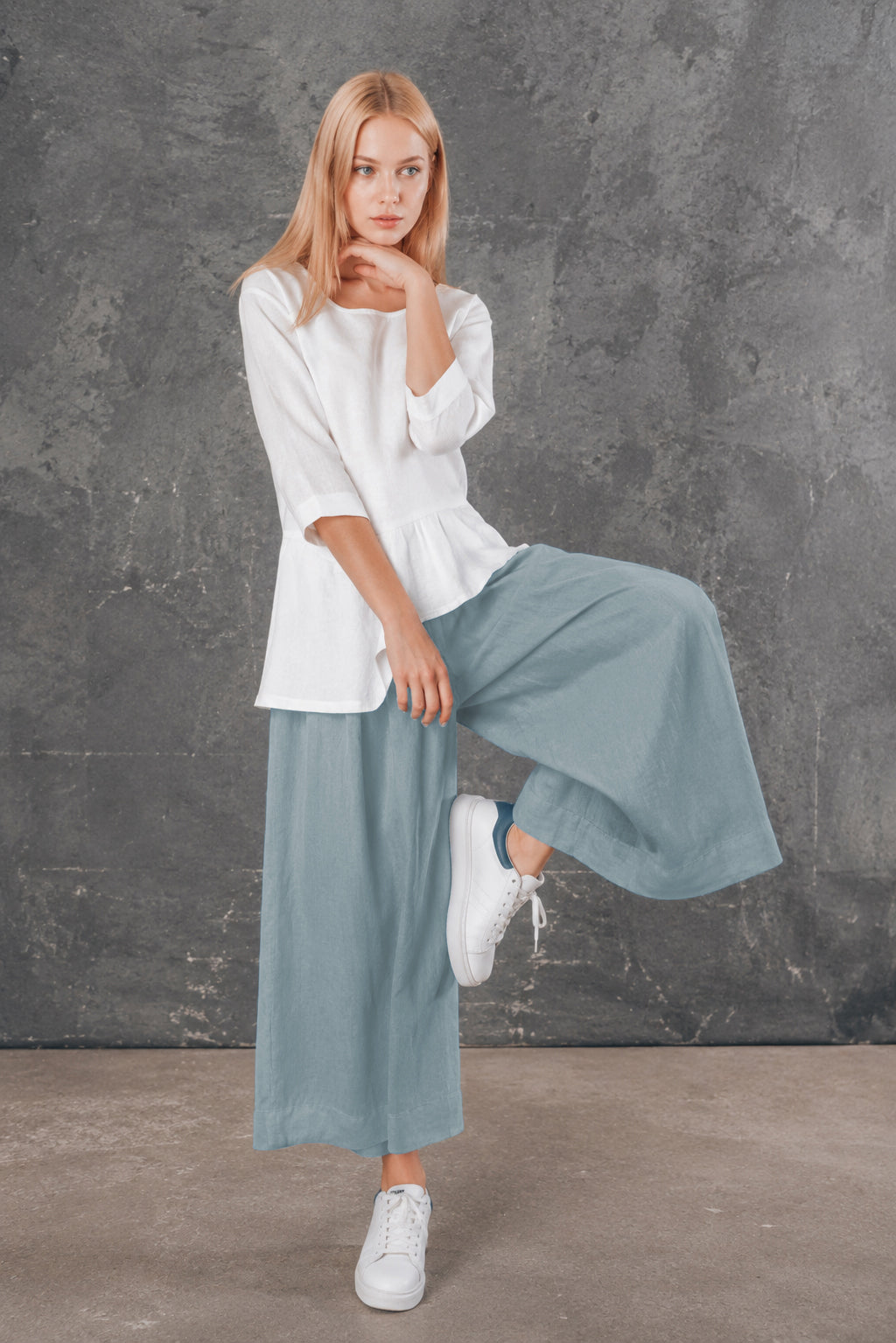 LU.EL TROUSERS LINEN WIDE PLEATED CROPPED SL22522 SKY BLUE