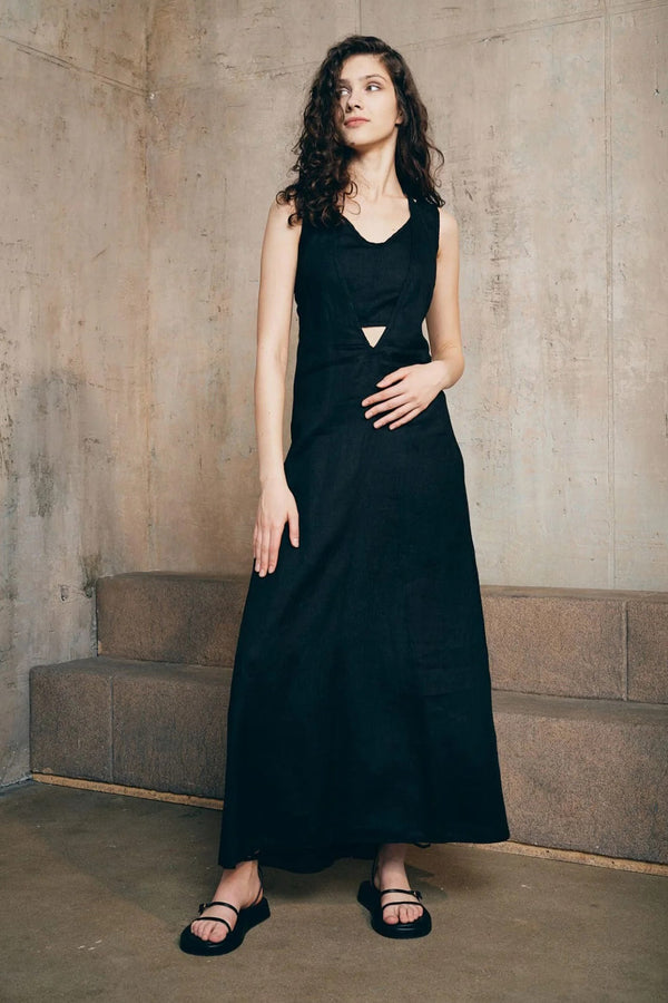 LU.EL DRESS LINEN MAXI HALTER NECK WITH VERSATILE SLEEVELESS TIE BACK LU.EL DRESS LINEN MAXI HALTER NECK WITH VERSATILE SLEEVELESS TIE BACK