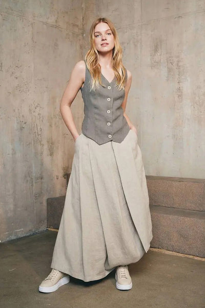 LU.EL SKIRT LINEN PLEAT AND HEM DETAIL SIDE POCKETS SIDE ZIP WITH BUTTON SL21822 NATURAL