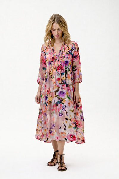 ONESEASON DRESS FLORAL PRINT MIDI PLEATED V NECK N26-09691-758 MIA SOLLER