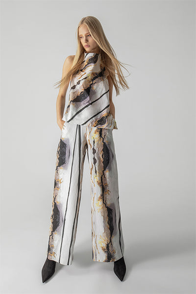 LOTUS EATERS TROUSER LINEN MIX WIDE LEG MARBLE PRINT WITH SIDE POCKETS 27/OGNAR