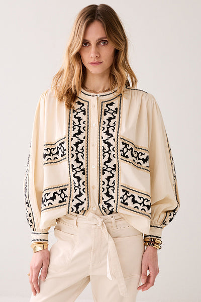 SUMMUM TOP HEAVY EMBROIDERED COTTON PUFF SLEEVE WITH CUFF 2s3342-12312
