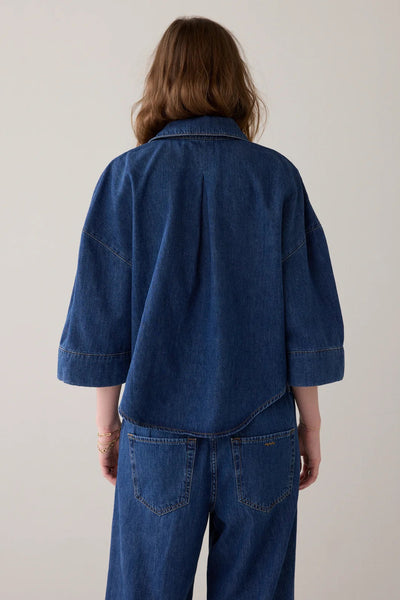 SUMMUM SHIRT DENIM 3/4 SLEEVE V WITH COLLAR ROUNDED HEM 2s3346-5184