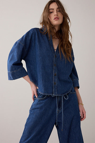 SUMMUM SHIRT DENIM 3/4 SLEEVE V WITH COLLAR ROUNDED HEM 2s3346-5184