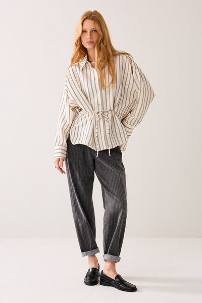 SUMMUM SHIRT CHENILLE STRIPE WIDE FIT TIE BELT CONTRAST CUFFS 2s3427-12374