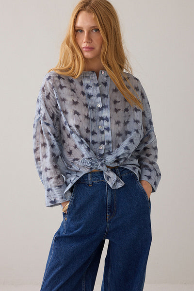 SUMMUM BLOUSE FINE LYOCELL MIX TIE DYE STAR ON STRIPE MAO COLLAR 2s3463-12368