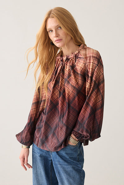 SUMMUM BLOUSE SATIN FEEL TARTAN GATHERED NECK 2s3547-12497