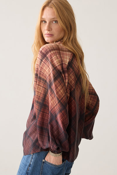 SUMMUM BLOUSE SATIN FEEL TARTAN GATHERED NECK 2s3547-12497