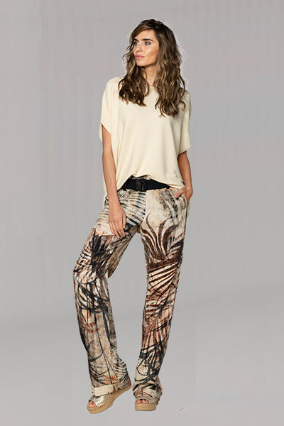 BEATE HEYMANN TROUSER LINEN MIX PALM PRINT STRAIGHT LEG SNAP BELT 316-8