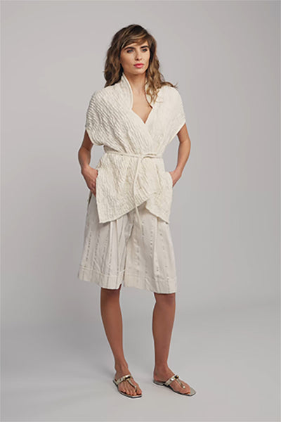 BEATE HEYMANN CARDIGAN TEXTURED WRAP CAP SLEEVE MANDARIN COLLAR  TIE BELT 345-4