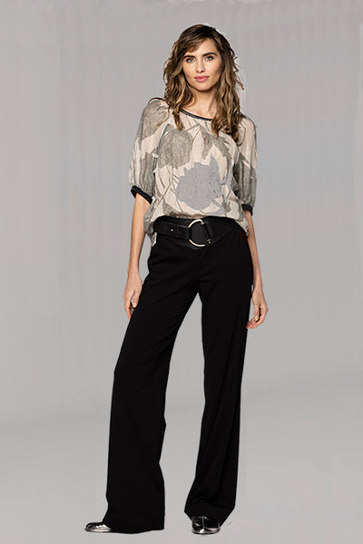 BEATE HEYMANN TOP RAMIE FLORAL PRINT ECO LEATHER NECK TRIM PUFF SLEEVE 347-31