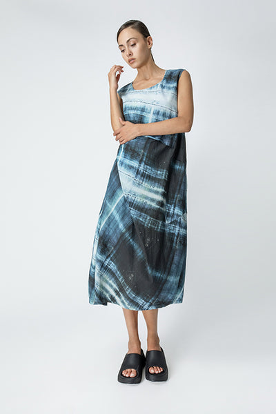 LOTUS EATERS DRESS MAXI ASYMETRIC ROUNDED SIDE WITH PLEAT ABSTRACT PRINT 39/FONARI
