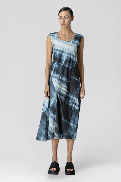 LOTUS EATERS DRESS MAXI ASYMETRIC ROUNDED SIDE WITH PLEAT ABSTRACT PRINT 39/FONARI