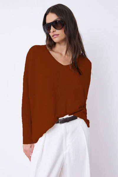 NOTSHY SWEATER CASHMERE V NECK RIB SLEEVE SIDE SLITS 4704001C FAUSTINE BURNT