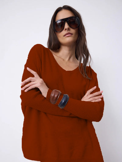 NOTSHY SWEATER CASHMERE V NECK RIB SLEEVE SIDE SLITS 4704001C FAUSTINE BRICK