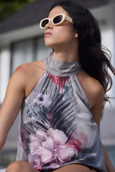 RELIGION SILKY CUPRO FLORAL HALTER NECK TOP WITH TIE 56ILNT59/682 LAUREN