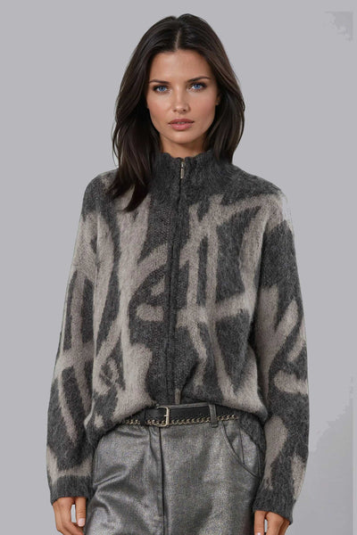 RELIGION CARDIGAN BRUSHED YARN WOOL MIX FULL ZIP HIGH NECK ABSTRACT KNIT  75HMYC17-476 MAYA