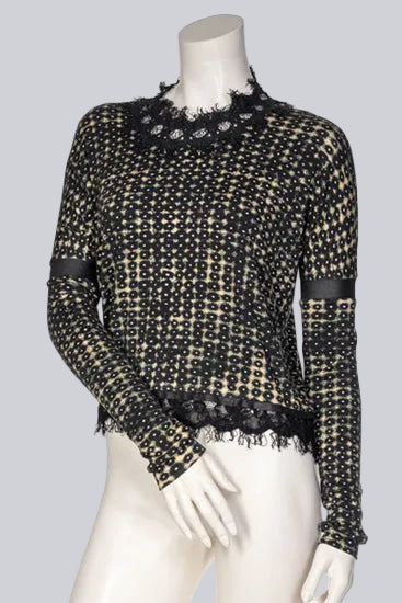 BEATE HEYMANN TOP JERSEY CIRCLE PRINT LACE NECK AND HEM 454-9