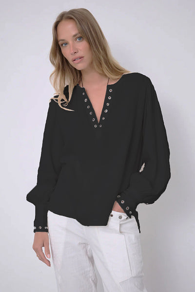 NOTSHY TOP  V NECK PUFF SLEEVE EYELET TRIM  DEEP CUFF CALI NF9U002