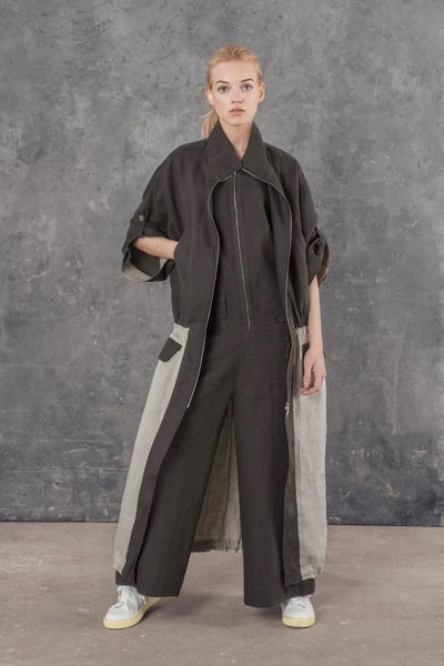 LU.EL COAT LINEN CONTRAST DRAW STRING HEM & WAIST TRIM HALF SLEEVE SL61933 BLACK