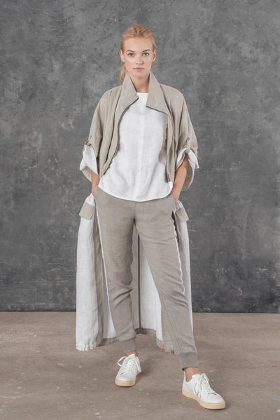 LU.EL COAT LINEN CONTRAST DRAW STRING HEM & WAIST TRIM HALF SLEEVE SL61933 WHITE