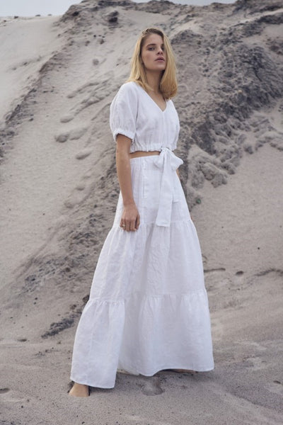 LU.EL TOP LINEN SHORT WITH SLEEVE AND FRONT TIE SL5211 WHITE