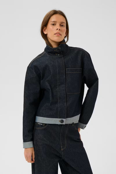 INWEAR JACKET DENIM CONTRAST TRIM FUNNEL NECK COVERED BUTTON PLAKET 30112315/303349 DEIRDRA