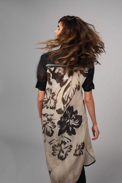 BEATE HEYMANN DRESS TUNIC SHEER FLORAL SOLID SLEEVE SHOULDER DETAIL SOLID SLEEVE 360-25