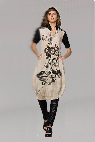 BEATE HEYMANN DRESS SHIFT TUNIC FLORAL SOLID SLEEVE SHOULDER DETAIL SOLID SLEEVE 360-25