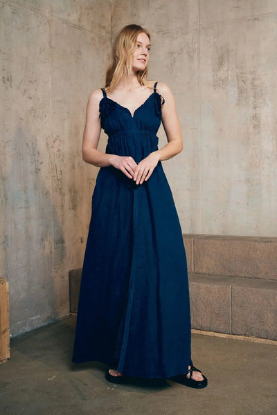 LU.EL LINEN DRESS STRAP MAXI FRILL EDGED CUPS WITH BELT SL82114 DARK BLUE