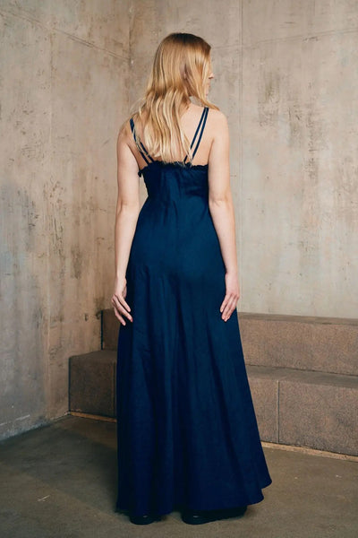 LU.EL LINEN DRESS STRAP MAXI FRILL EDGED CUPS WITH BELT SL82114 DARK BLUE