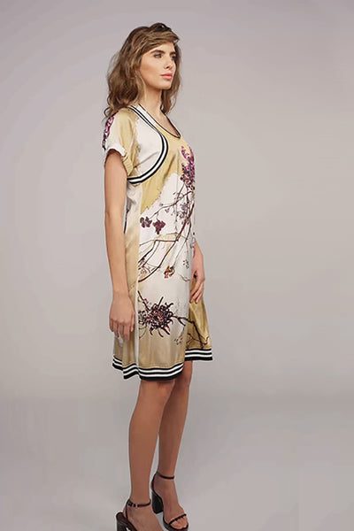 BEATE HEYMANN DRESS FLORAL PRINT JERSEY RIB STRIPE TRIM SHORT SLEEVE 371-1