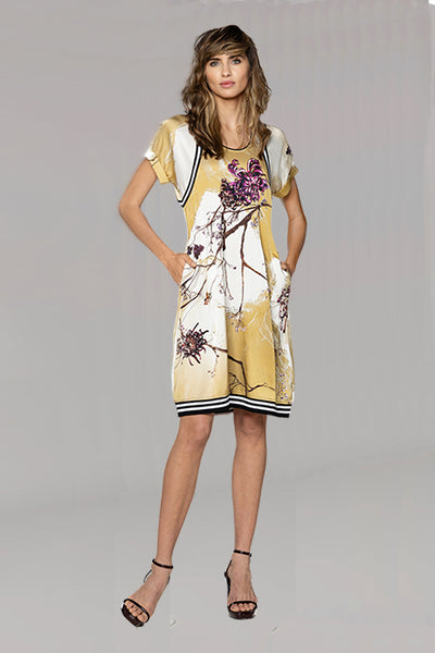 BEATE HEYMANN DRESS FLORAL PRINT JERSEY RIB STRIPE TRIM SHORT SLEEVE 371-1