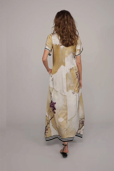 BEATE HEYMANN DRESS MAXI FLORAL PRINT JERSEY RIB STRIPE TRIM SHORT SLEEVE 372-1