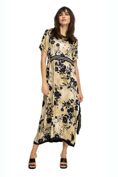 BEATE HEYMANN DRESS MAXI SATIN FEEL FLORAL PRINT STRIPE TRIM 128-24