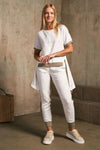 LU.EL TOP LINEN SHORT SLEEVE HI LO DRAWSTRING HEM RIB TRIM SL51816 WHITE