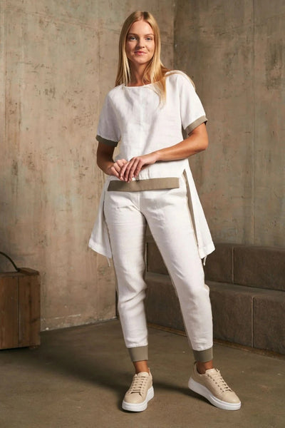 LU.EL TOP LINEN SHORT SLEEVE HI LO DRAWSTRING HEM RIB TRIM SL51816 WHITE