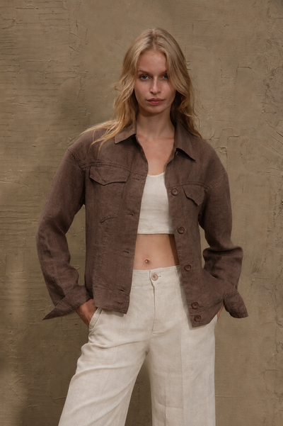 LU.EL JACKET BROWN LINEN WITH 2 FRONT FLAP POCKETS SL62505