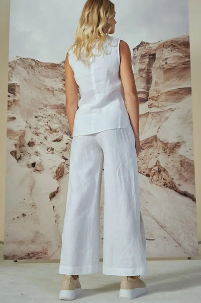 LU.EL TOP LINEN SLEEVELESS CROSS OVER V NECK SIDE SLITS SL52201 WHITE