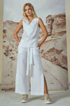 LU.EL TOP LINEN SLEEVELESS CROSS OVER V NECK SIDE SLITS SL52201 WHITE