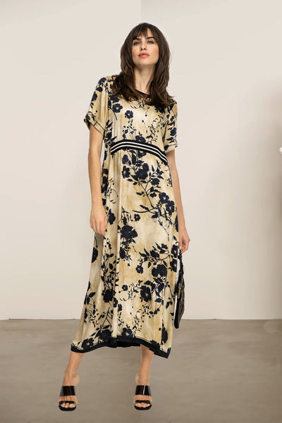 BEATE HEYMANN DRESS MAXI SATIN FEEL FLORAL PRINT STRIPE TRIM 128-24