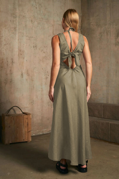 LU.EL DRESS LINEN MAXI HALTER NECK WITH VERSATILE SLEEVELESS TIE BACK SHRUG SL82402 SHADOW
