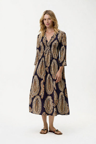 ONESEASON DRESS PAISLEY PRINT MIDI PLEATED V NECK N26-09691-758 MIA PROVENCE