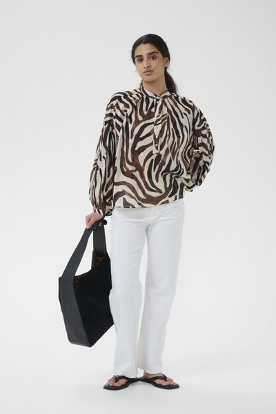 INWEAR TOP DROP SHOULDER MAO COLLAR PUFF SLEEVE ZEBRA PRINT 30112497 ROSALIE
