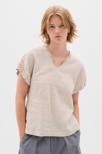 INWEAR TOP 100% LINEN RUFFLE V HALF ELASTIC SLEEVE 30110342/1304031 RIGITTA