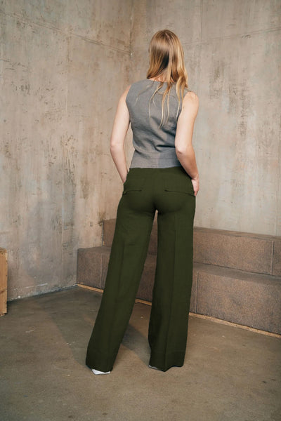 LU.EL TROUSERS DARK KHAKI WIDE LEG LINEN LARGE HEM SL22413