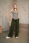 LU.EL TROUSERS DARK KHAKI WIDE LEG LINEN LARGE HEM SL22413