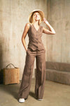 LU.EL TROUSERS LINEN WIDE LEG LARGE HEM SL22413 BROWN